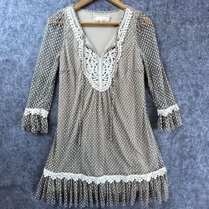 A'reve Dress Small Grey Sheer Lace Coquette Ruffle Hem Boho Tie Neck Demure